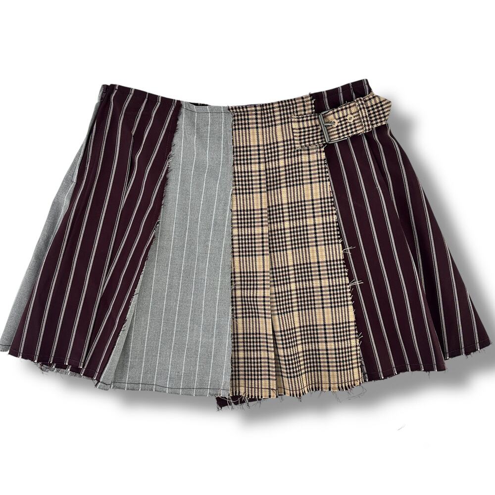 Gianni Bini GB Girls Mixed Media Faux Wrap Plaid Pleated Mini Skirt Sz 10 Brown